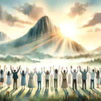 Christian group in serene outdoors, hands raised in worship under golden sunlight. Majestic mountain in the background symbolizes God's presence and strength.