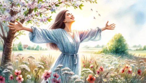 Young woman in blossoming meadow, arms outstretched to the sky, embracing sunlight. Joyful expression reflects deep gratitude for life and God's blessings.