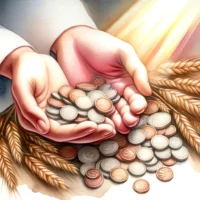 Hands generously offering coins and grains, with a soft divine light illuminating the scene, symbolizing the act of tithing and the blessings it brings.