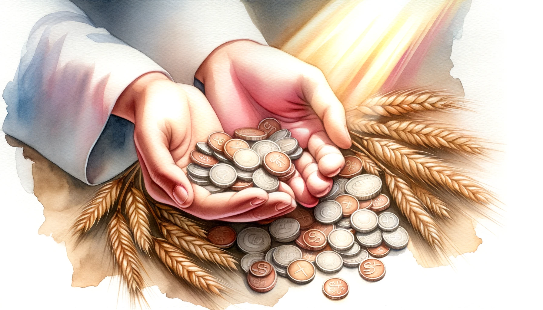 Hands generously offering coins and grains, with a soft divine light illuminating the scene, symbolizing the act of tithing and the blessings it brings.