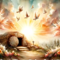 Radiant dawn breaking over the tomb with birds in flight, emphasizing the atmosphere of hope and renewal after the Jesus’s three-day in the tomb.