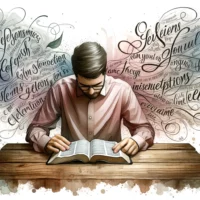 Person immersed in Bible reading at rustic desk. Floating script quotes surround, some fading, symbolizing misconceptions often believed to originate from the Bible.