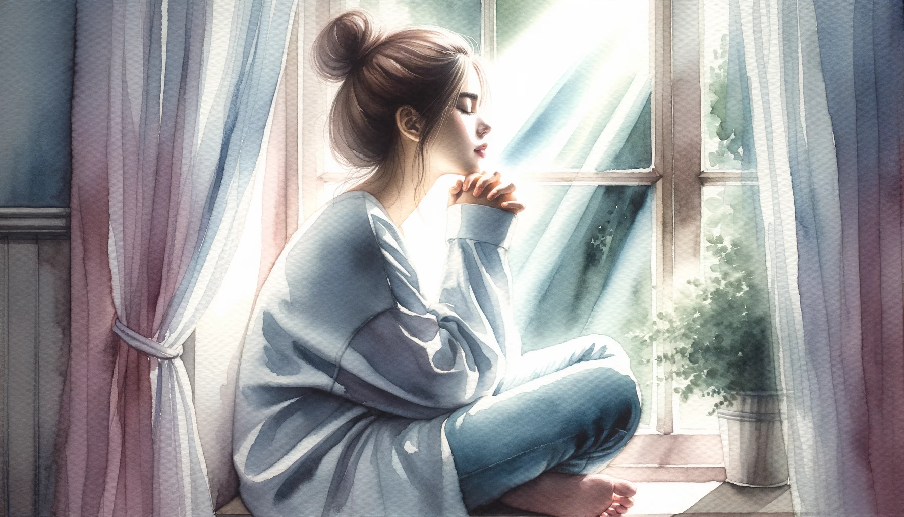 Young woman sitting by a window, sunlight streaming in, with her eyes closed in deep prayer in Jesus’ name.