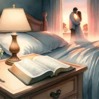 Peaceful bedroom at dawn. On the bedside table, an open Bible with soft light reveals a marriage passage.