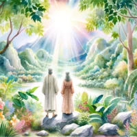 Serene garden setting, Adam and Eve stand amidst flora and fauna, gazing in wonder. God's radiant light shines down upon them, depicting the creation of humanity.