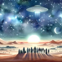 Tranquil desert night with a starry sky filled with constellations, planets, and a mysterious unidentified flying object (UFO). People gaze up in wonder, symbolizing Christians fascination with the cosmos.