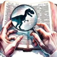 Hands holding a magnifying glass over the Bible, with the silhouette of a dinosaur emerging from the text, emphasizing the search for understanding and connections.