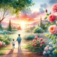 A parent holds a child's hand, guiding them along a path. They pause to look at a rosebush with both blooming roses and thorns, symbolizing the beauty and challenges of life.