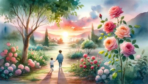 A parent holds a child's hand, guiding them along a path. They pause to look at a rosebush with both blooming roses and thorns, symbolizing the beauty and challenges of life.