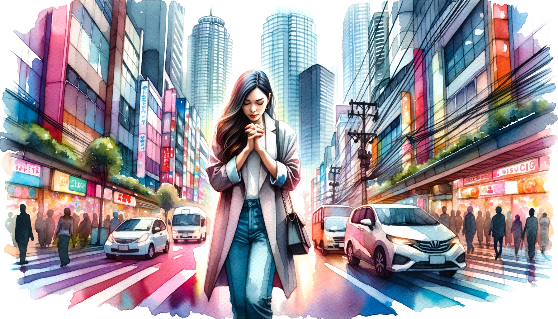 Young Christian woman prayer walking through a vibrant cityscape, her hands eyes closed in prayer.