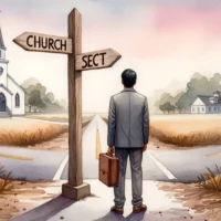 Christian man standing at a crossroad, with signposts pointing towards 'Church' and 'Sect'. The scene captures the individual's contemplation and the decision-making process based on biblical guidance.