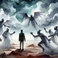 Desolate landscape under a tumultuous sky. A defiant person stands amidst shadowy figures symbolizing demonic possession.