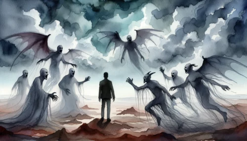 Desolate landscape under a tumultuous sky. A defiant person stands amidst shadowy figures symbolizing demonic possession.