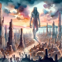 Vast ancient cityscape at twilight. Towering figures, representing the Nephilim, walk among the city structures, their presence evoking awe and wonder among the inhabitants.