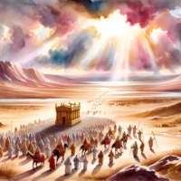 The Israelites marching under a radiant sky. The Ark of the Covenant is carried at the front, symbolizing God's guidance and presence with them during the conquest.