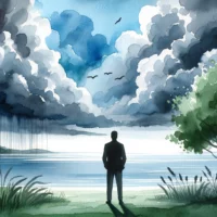 Calm landscape with gathering storm in the sky. A silhouette gazes towards the storm, representing contemplation and introspection in the face of suffering.