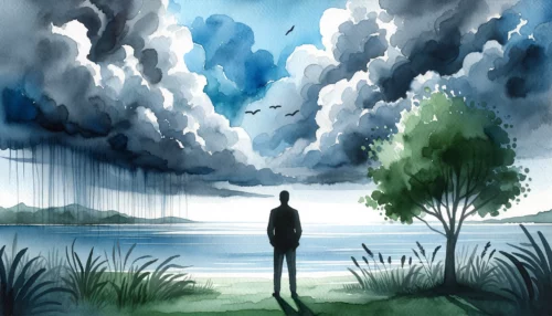 Calm landscape with gathering storm in the sky. A silhouette gazes towards the storm, representing contemplation and introspection in the face of suffering.