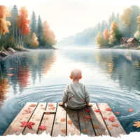 Tranquil lakeside during autumn. A child with a physical defect sits on a wooden dock, dipping their toes into the calm waters, reflecting moments of peace and introspection.