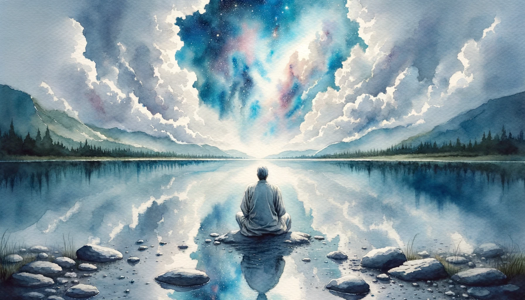 Contemplative figure by a calm lake reflects the heavens above, symbolizing God's subtle presence in moments of introspection.