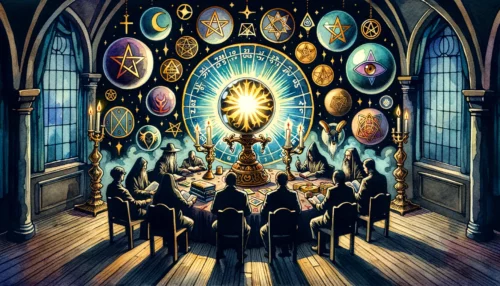 Symbols of occult in dim room: crystal balls, tarot cards, pentagrams. Christians read Bible, pray for understanding and protection against deception.