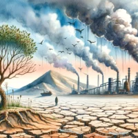 Desolate landscape, cracked earth signals drought. Factories emit smoke, a visual of human-driven global warming. A lone withered tree symbolizes environmental harm.