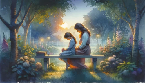 Christian mother and daughter in a peaceful dusk garden, heads bowed in prayer on a bench.