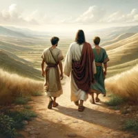 Jesus and his brothers journeying through a Middle Eastern landscape.