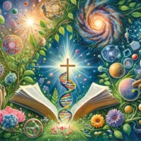 Open Bible merging into DNA helix with a cross illuminating a galaxy, symbolizing the unity of faith and science.