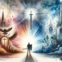 Christian spiritual battle represented through abstract imagery featuring shield, sword, and light.
