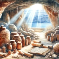 Ancient jars and scrolls in a cave near the Dead Sea, with subtle Christian symbols, reflecting an article on the Dead Sea Scrolls.