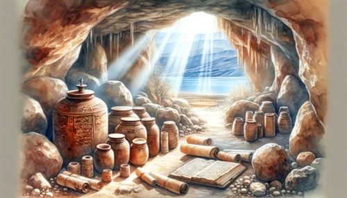 Ancient jars and scrolls in a cave near the Dead Sea, with subtle Christian symbols, reflecting an article on the Dead Sea Scrolls.
