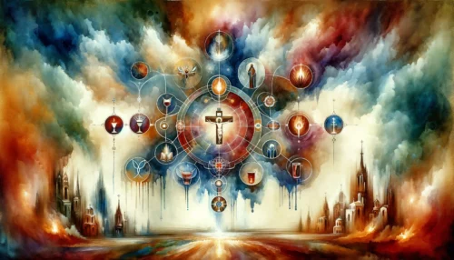 Abstract representation of Christian sacraments in a symbolic watercolor painting.