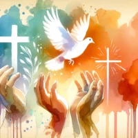 Spiritual depth through simplicity: cross, dove, prayer hands.
