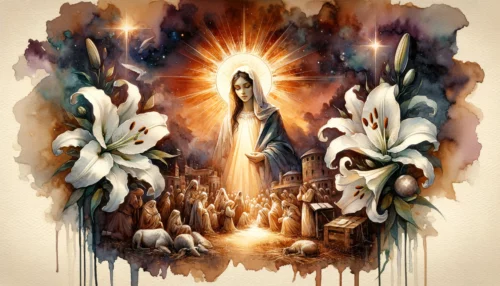 Watercolor artwork capturing the essence of divine intervention in Christianity through symbolic Nativity elements.